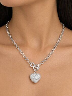925 Sterling Silver Chunky Heart Necklace Heart and Key Toggle Chain Necklace